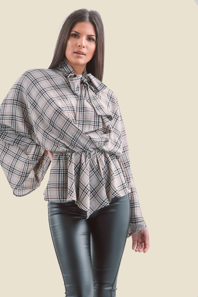 Grey Plaid Flare Sleeve Pussy Bow V-Neck Top