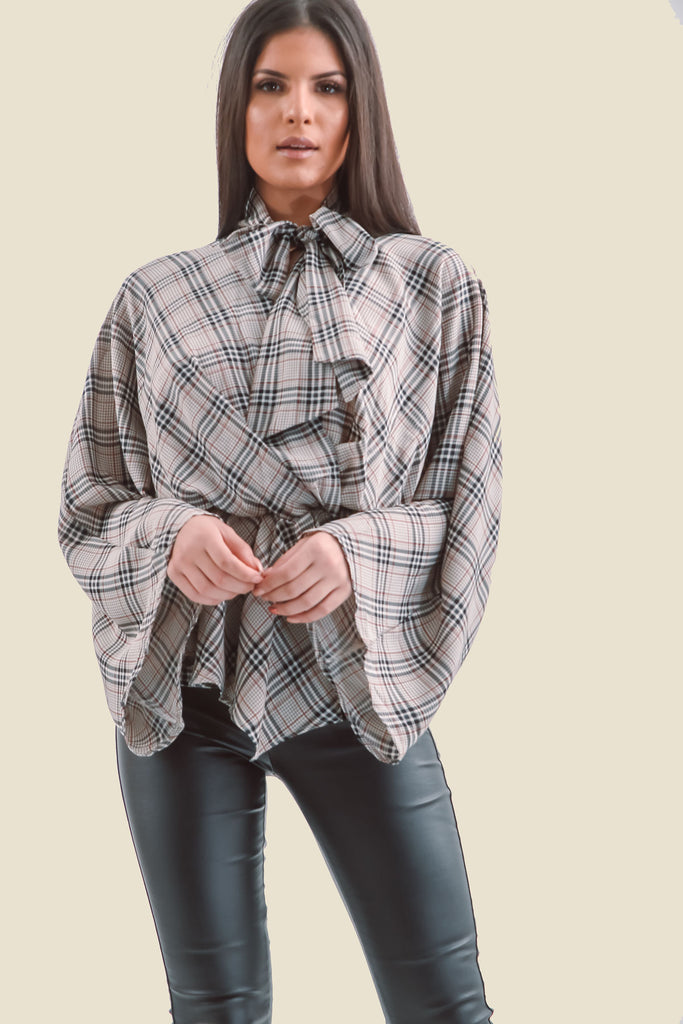 Grey Plaid Flare Sleeve Pussy Bow V-Neck Top