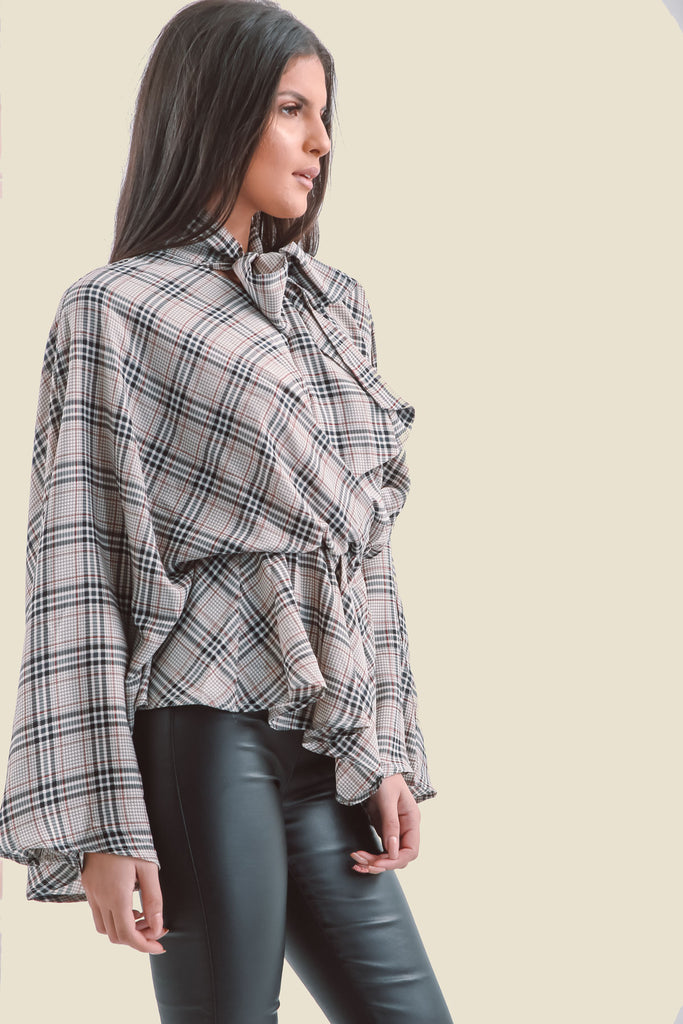 Grey Plaid Flare Sleeve Pussy Bow V-Neck Top