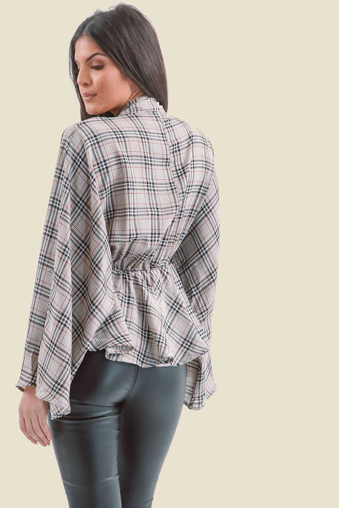 Grey Plaid Flare Sleeve Pussy Bow V-Neck Top