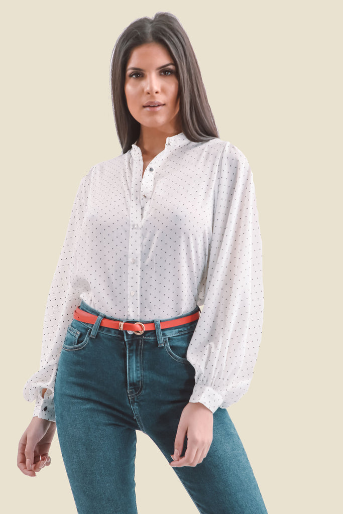 White Polka Dot Balloon Sleeve Shirt