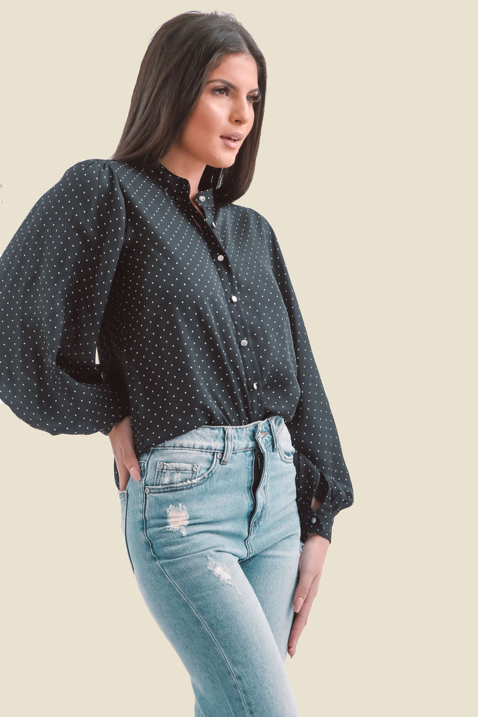 Black Polka Dot Balloon Sleeve Shirt