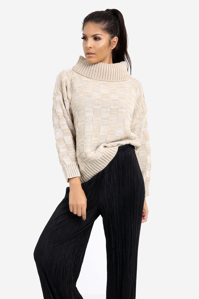 Beige Checkered Oversized Knit