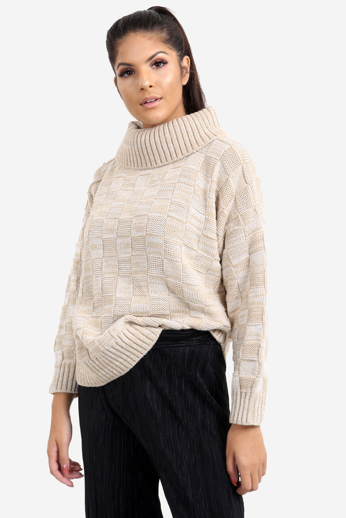 Beige Checkered Oversized Knit