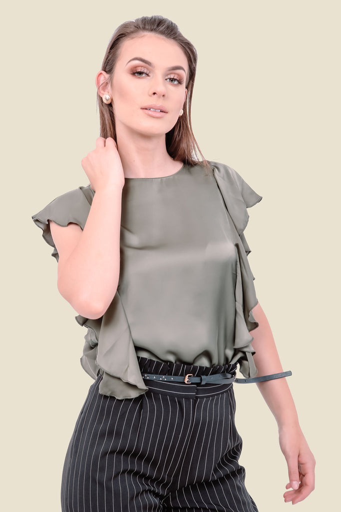 Khaki Frill Silky Top