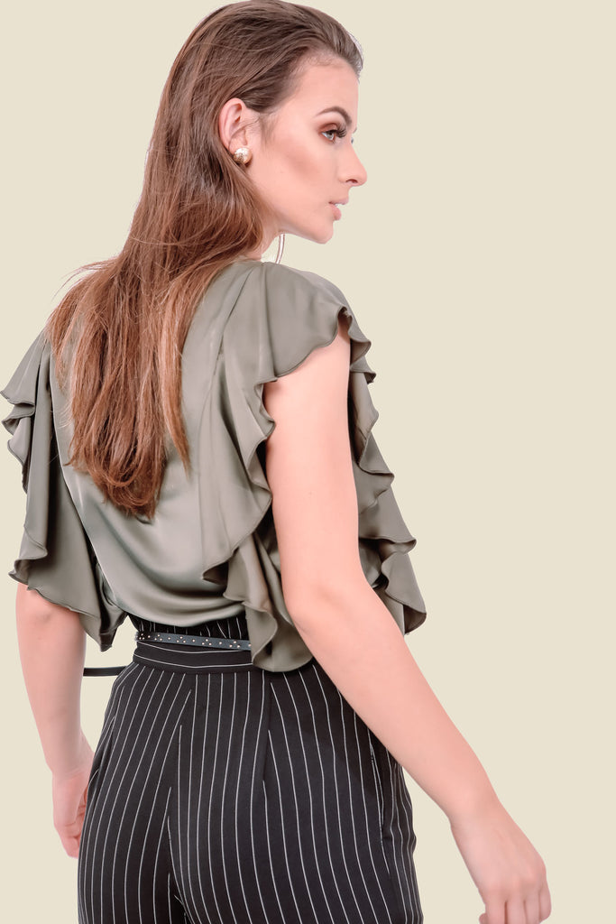 Khaki Frill Silky Top