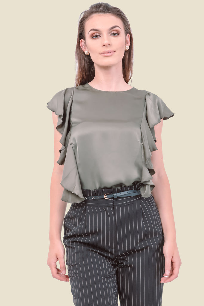 Khaki Frill Silky Top