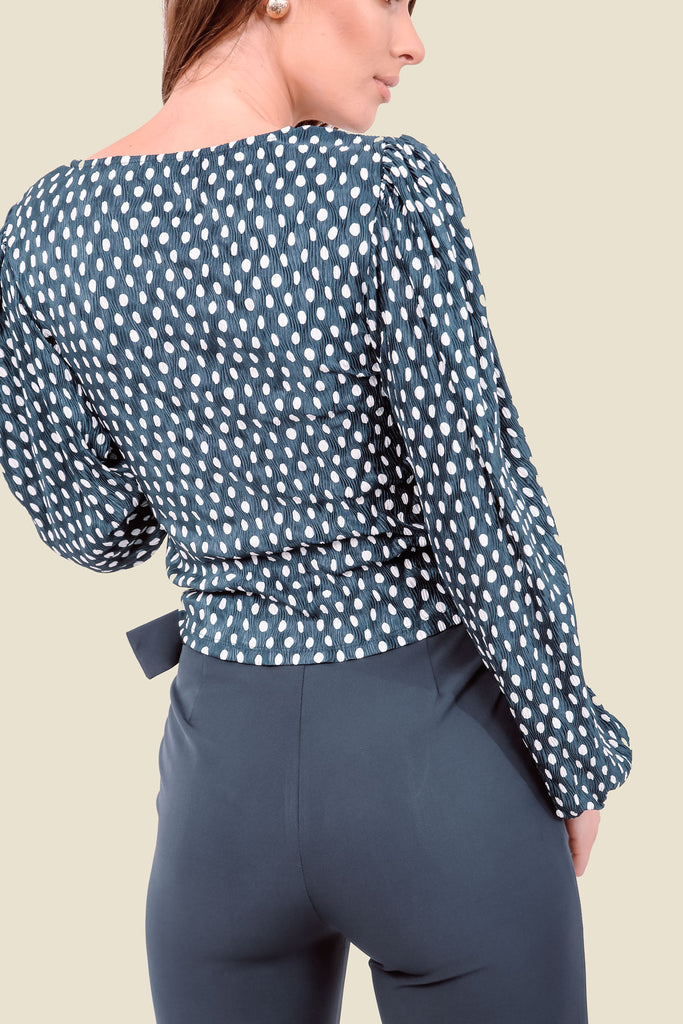 Navy Balloon Sleeve Polka Dot Top