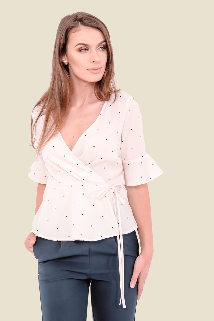 Cream Polka Dot Wrap Top