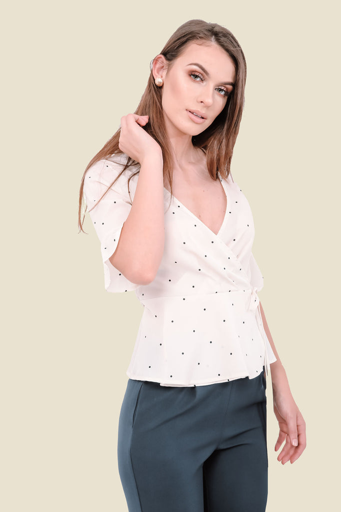 Cream Polka Dot Wrap Top