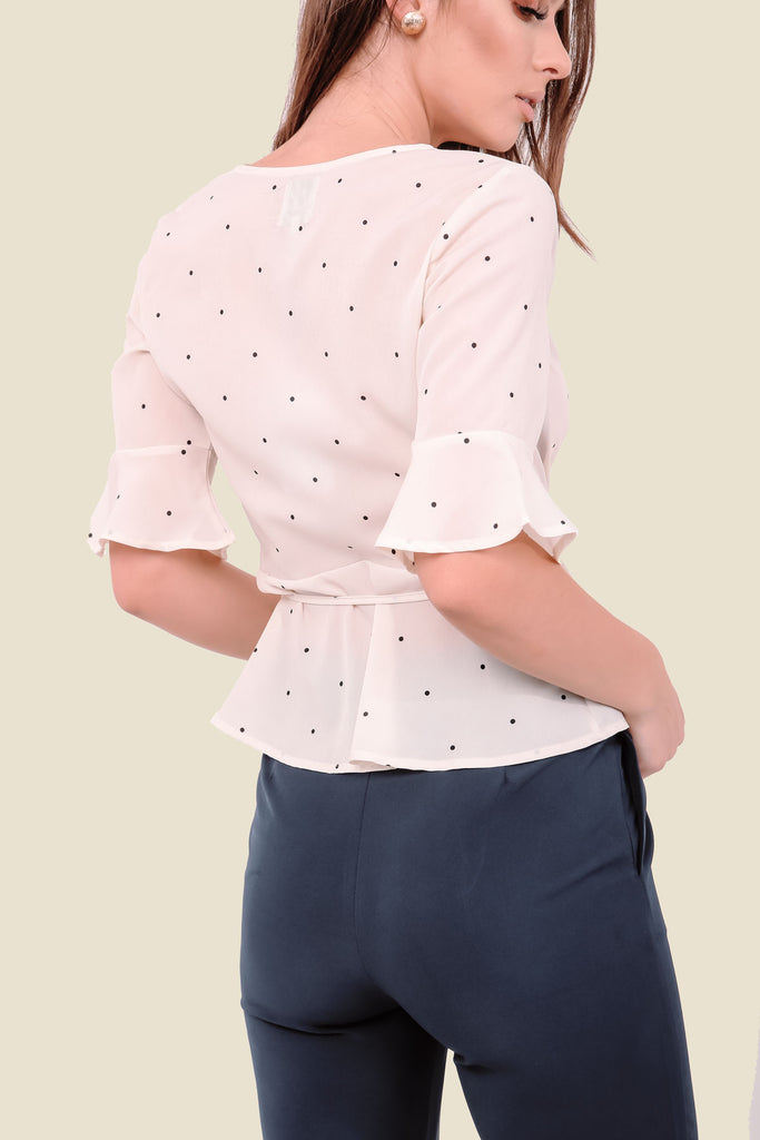 Cream Polka Dot Wrap Top