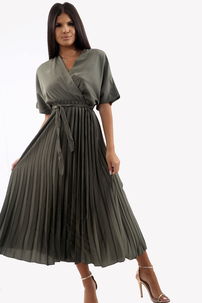 Khaki Satin Batwing Pleated Maxi Dress