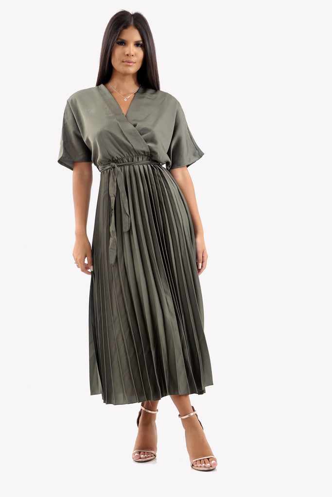 Khaki Satin Batwing Pleated Maxi Dress