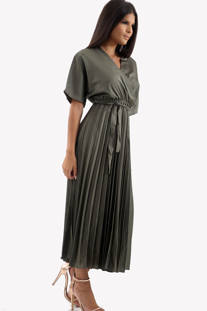 Khaki Satin Batwing Pleated Maxi Dress