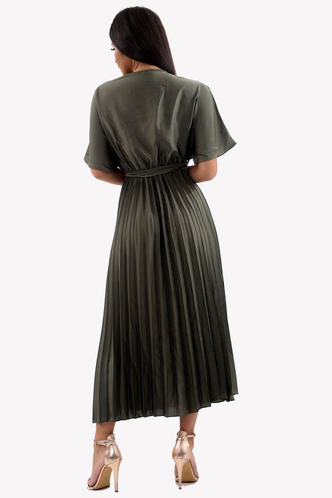 Khaki Satin Batwing Pleated Maxi Dress