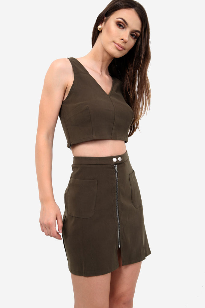 Khaki Faux Suede Zip Front Mini Skirt