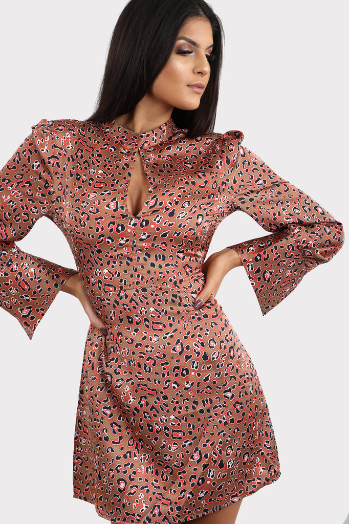 Pink Leopard Print High Neck Long Sleeve Tea Dress