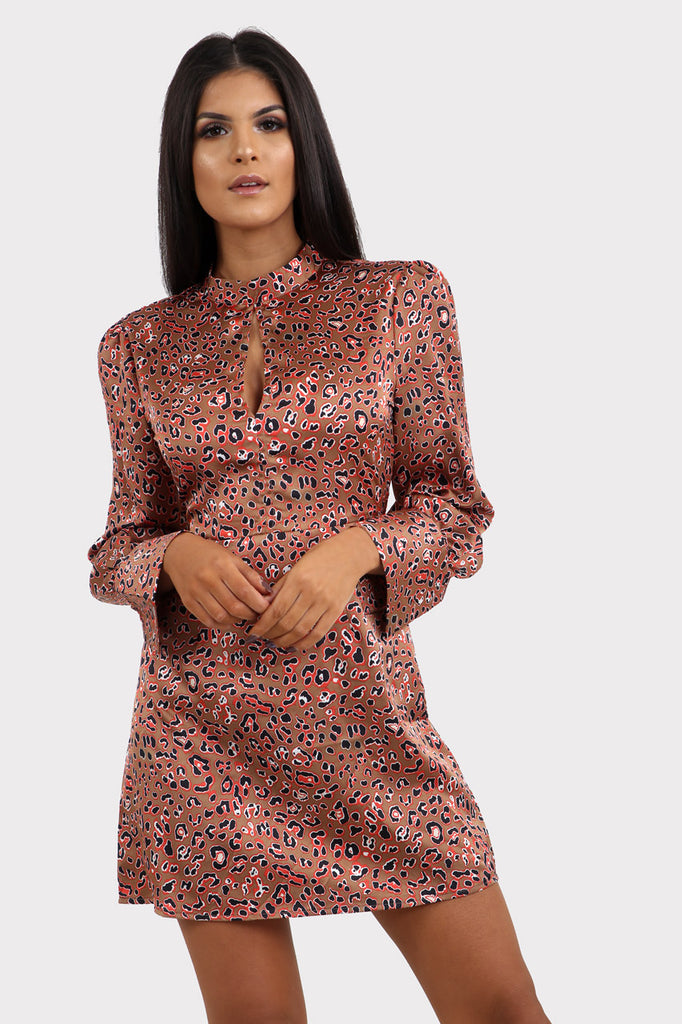 Pink Leopard Print High Neck Long Sleeve Tea Dress