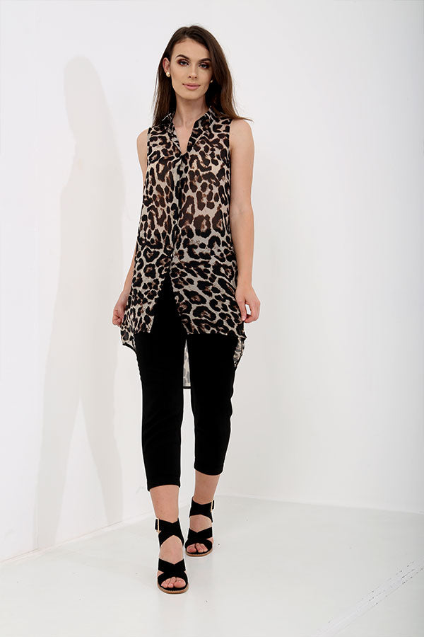 Sleeveless Leopard Print Long Shirt