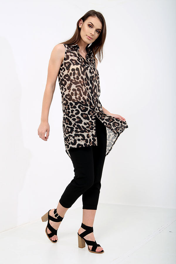 Sleeveless Leopard Print Long Shirt