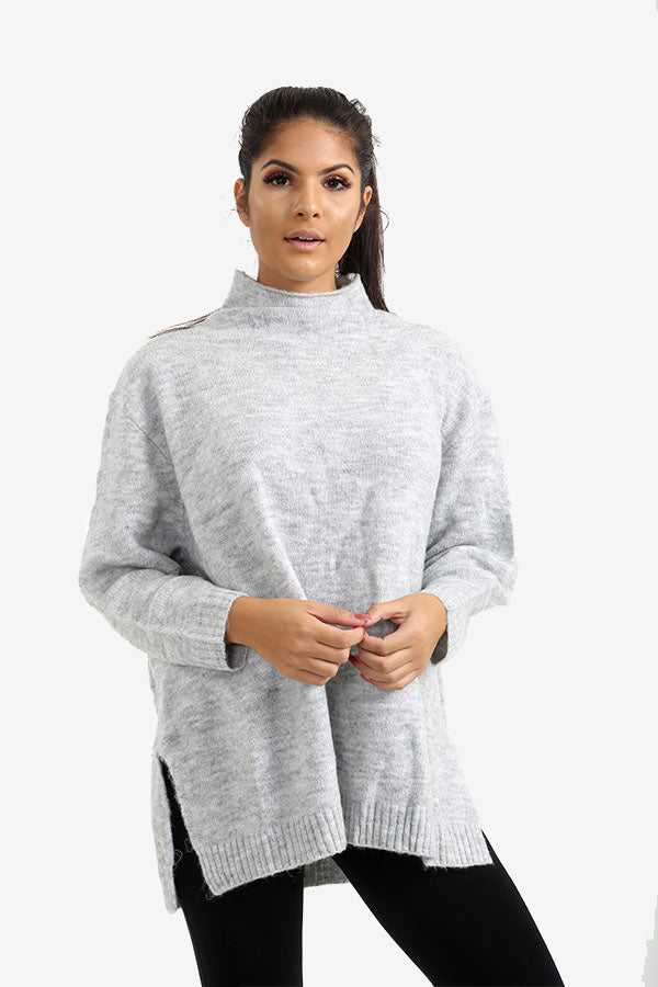 Grey Oversized Jumper With Raised Collar