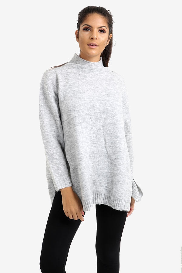 Grey Oversized Jumper With Raised Collar