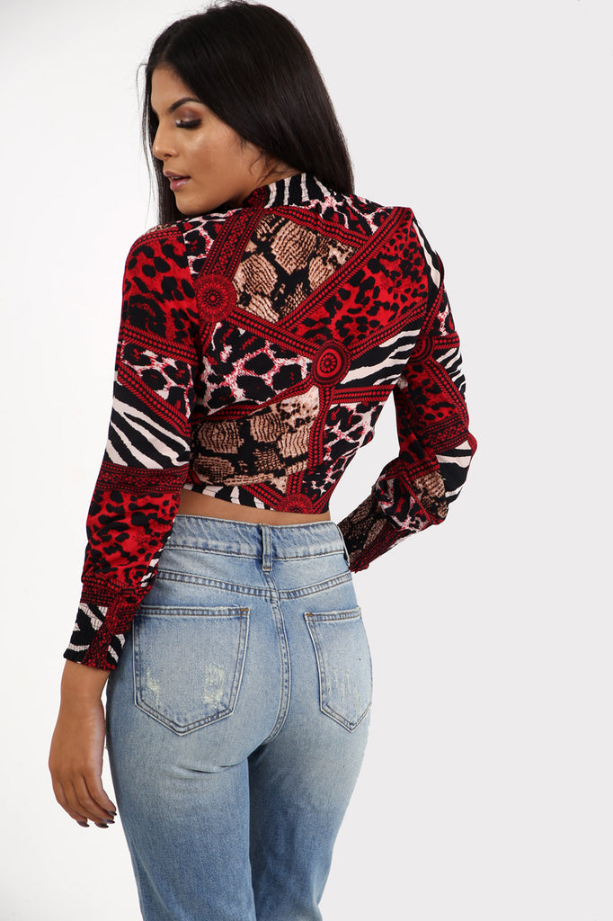 Red Animal Print Tie Front Crop Top