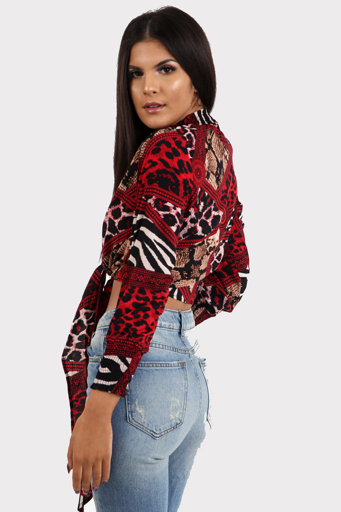 Red Animal Print Tie Front Crop Top