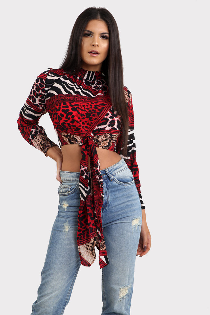 Red Animal Print Tie Front Crop Top