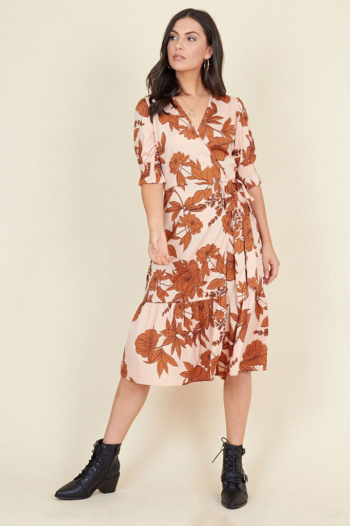 Ivykove Multi Floral Print Ruffled Tiered Hem Shirred Sleeve Wrap Midi Dress