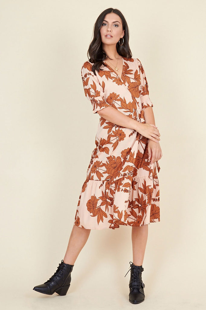 Ivykove Multi Floral Print Ruffled Tiered Hem Shirred Sleeve Wrap Midi Dress