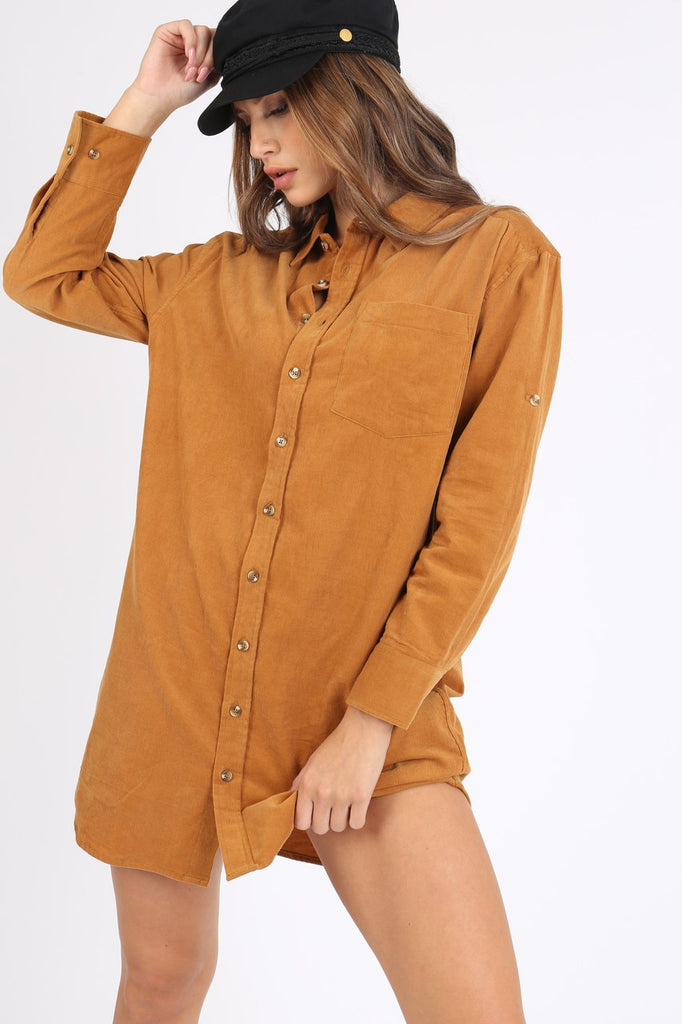 Light Orange Long Sleeve Cord Shirt Dress