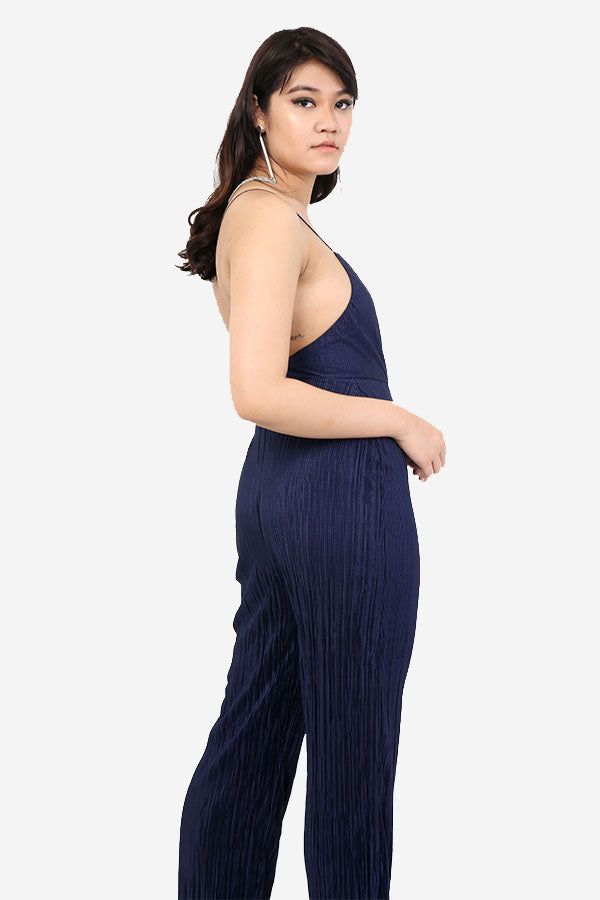 Navy Pleated Jumpsuit With Noodle Straps