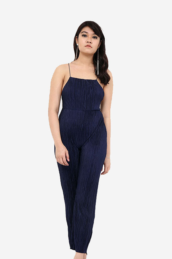 Navy Pleated Jumpsuit With Noodle Straps