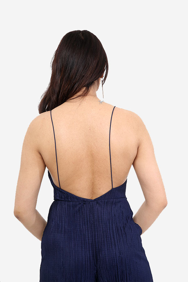 Navy Pleated Jumpsuit With Noodle Straps