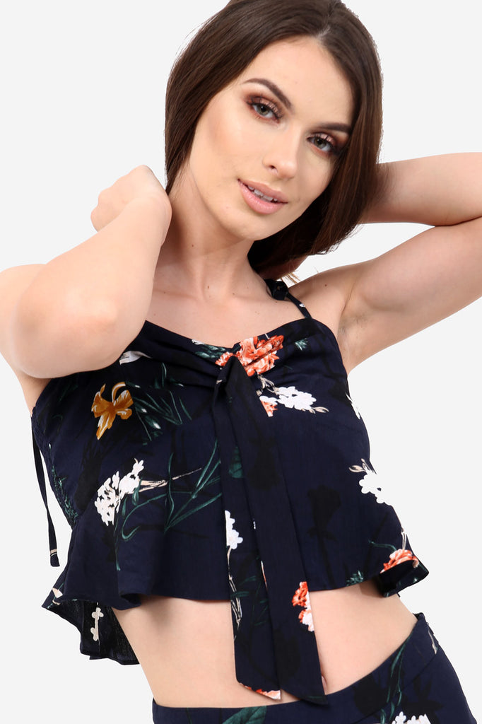 Navy Floral Frill Crop Top