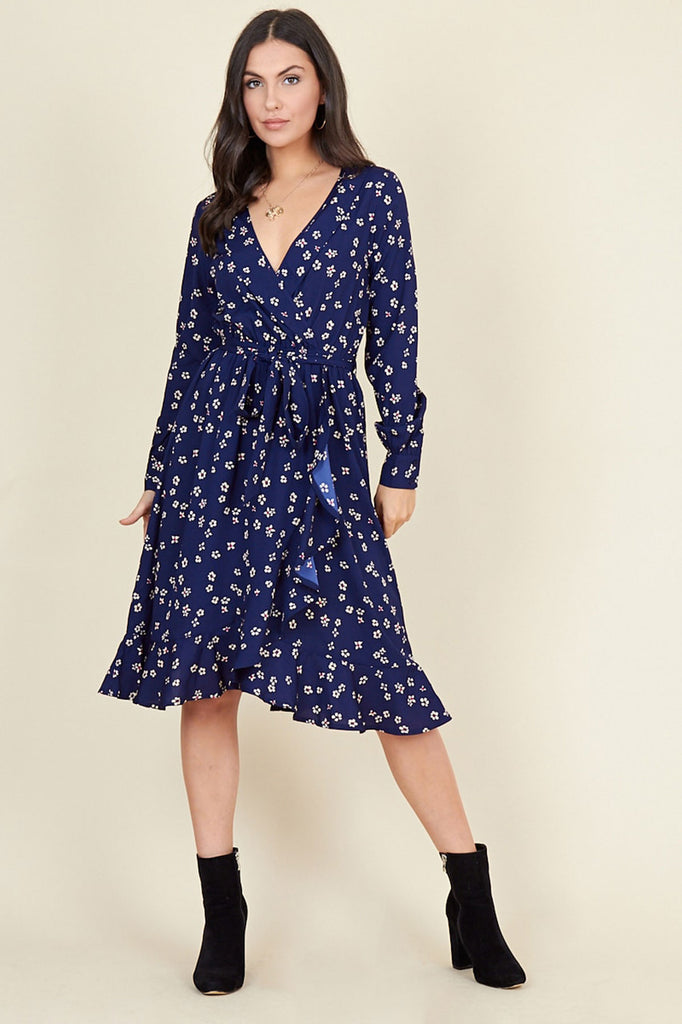 Ivykove Navy Floral Print Belted Ruffle Hem Wrap Midi Dress