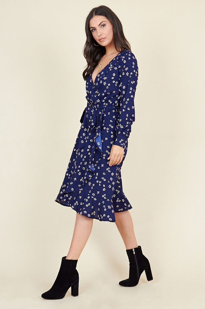 Ivykove Navy Floral Print Belted Ruffle Hem Wrap Midi Dress