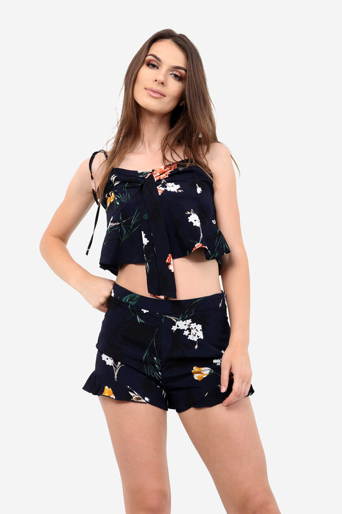 Navy High Waisted Frill Shorts In Floral