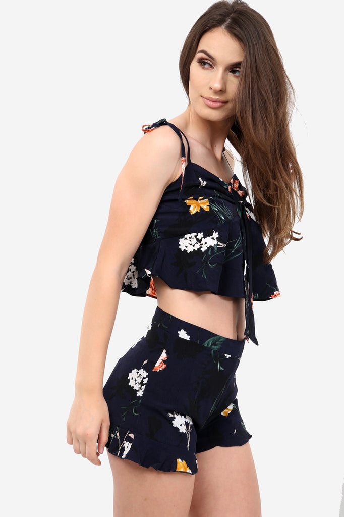 Navy High Waisted Frill Shorts In Floral