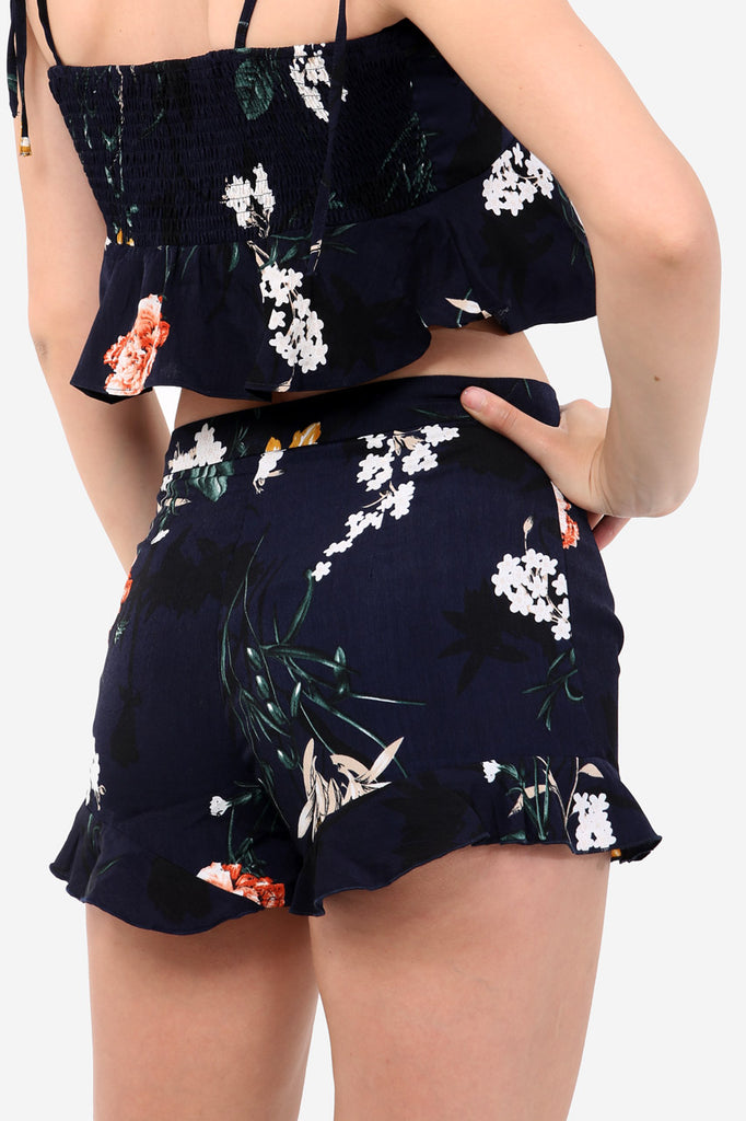 Navy High Waisted Frill Shorts In Floral