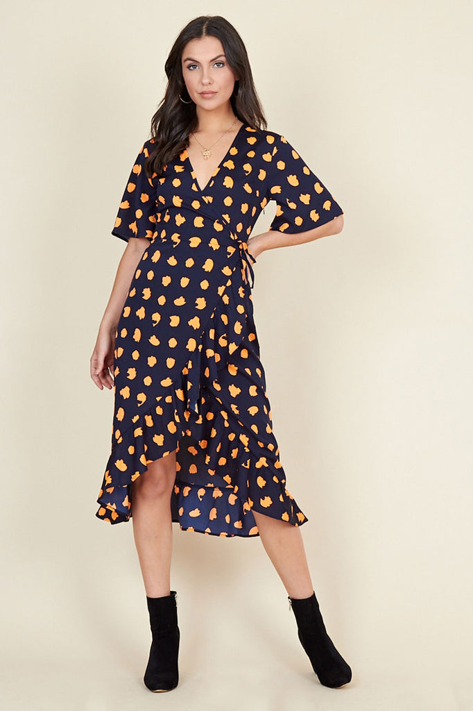 Ivykove Navy Orange Puzzle Spot Print Wrap Midi Dress with Frill