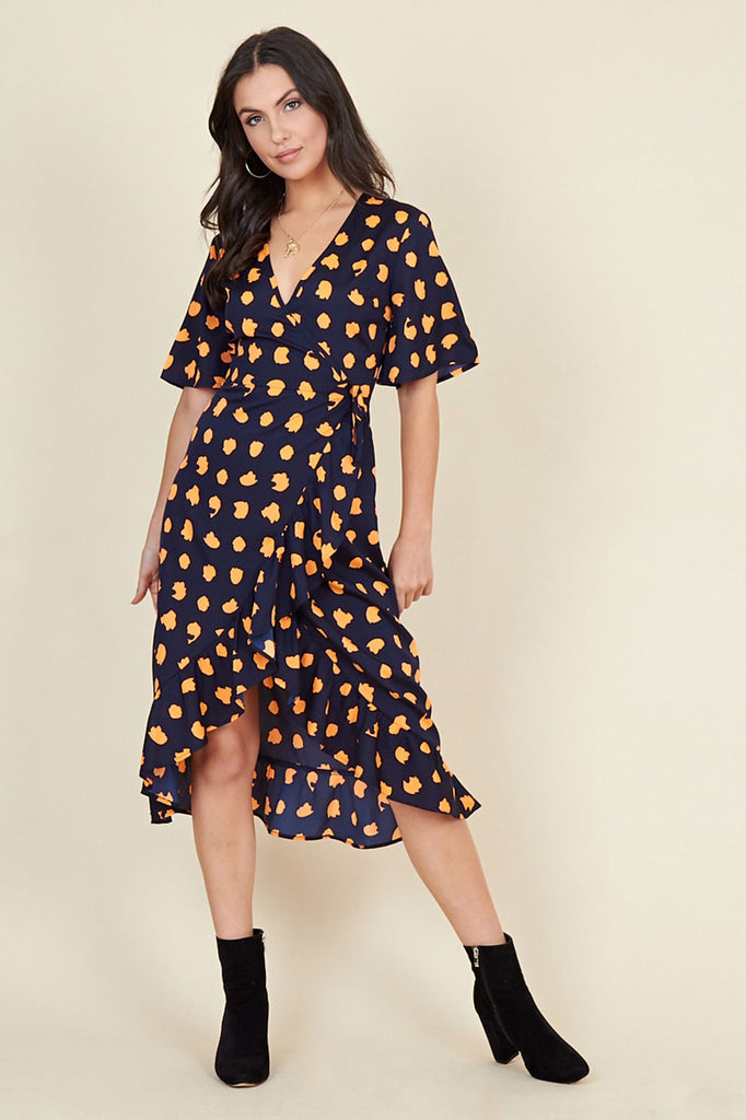 Ivykove Navy Orange Puzzle Spot Print Wrap Midi Dress with Frill