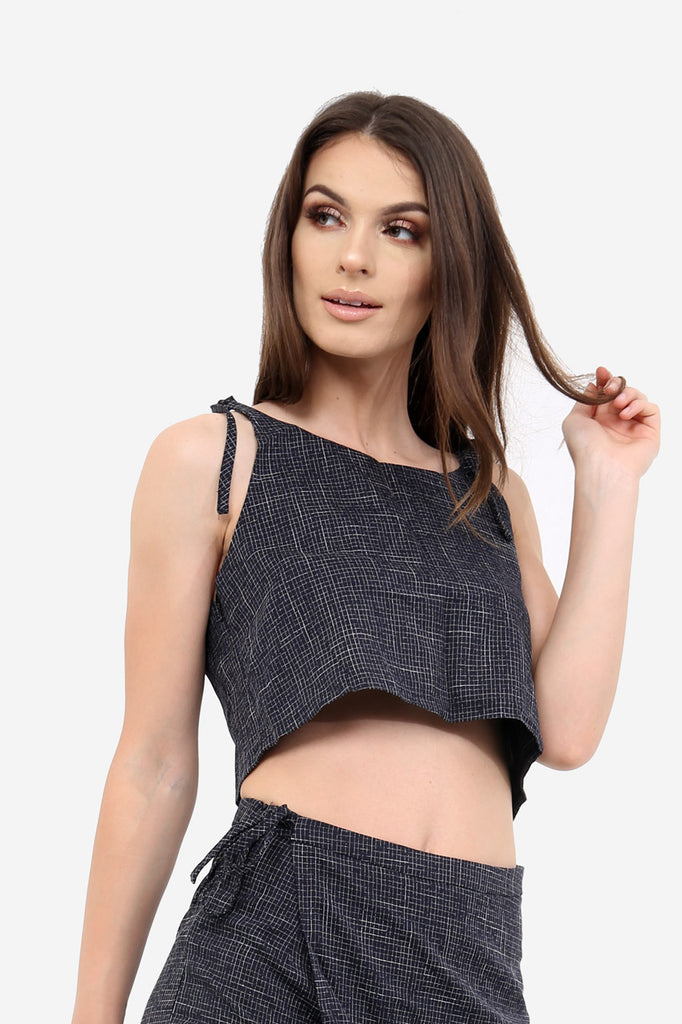 Navy Textured Crop Top In Check