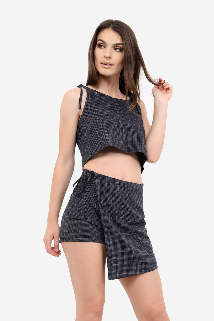 Navy Textured Wrap Skort In Check