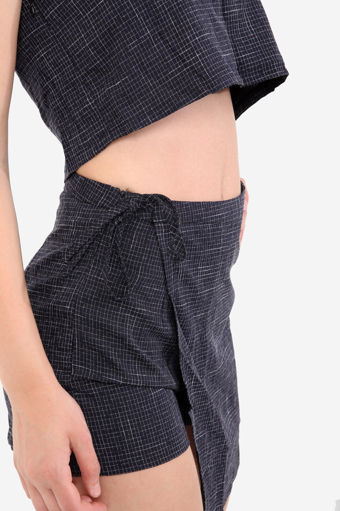 Navy Textured Wrap Skort In Check