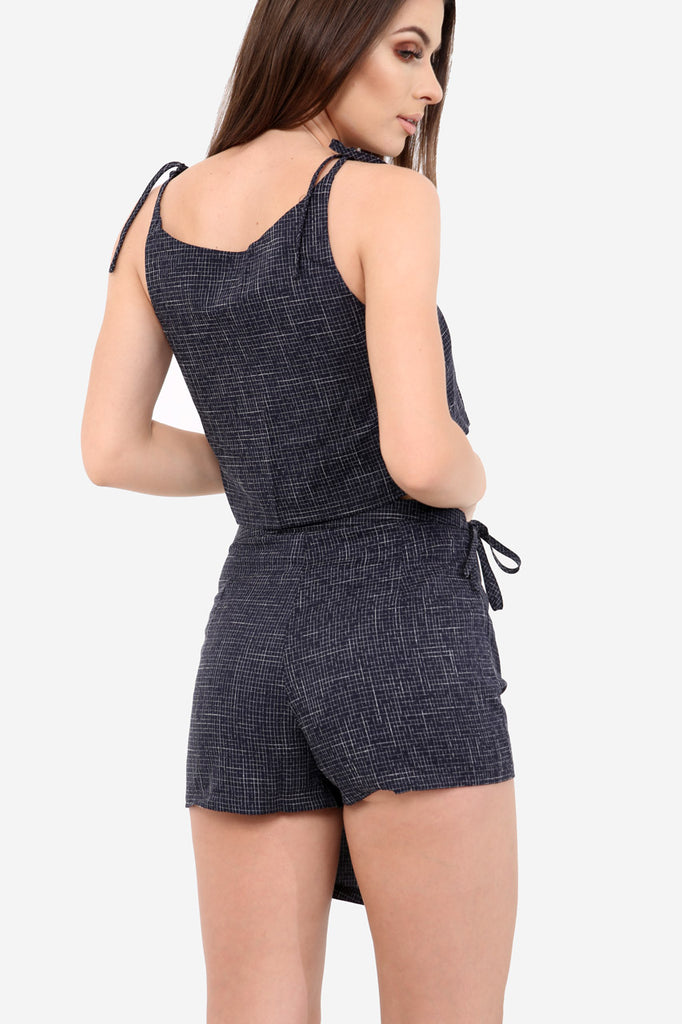 Navy Textured Wrap Skort In Check