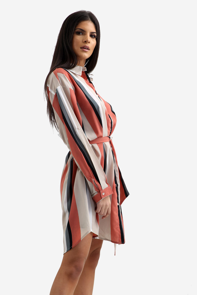 White Oversized Striped Shirt Dress