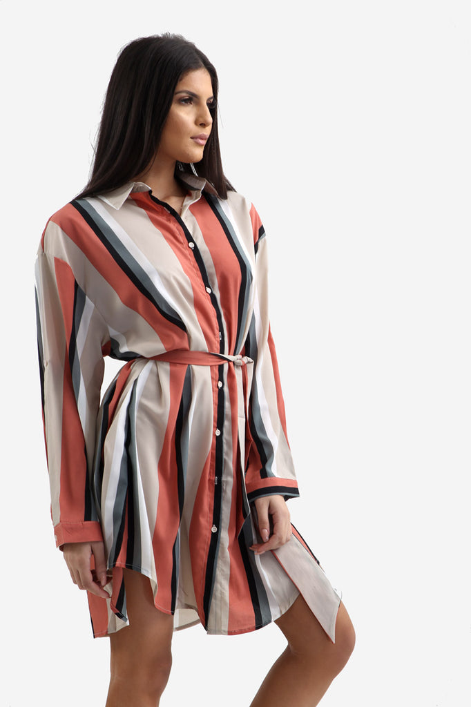 White Oversized Striped Shirt Dress