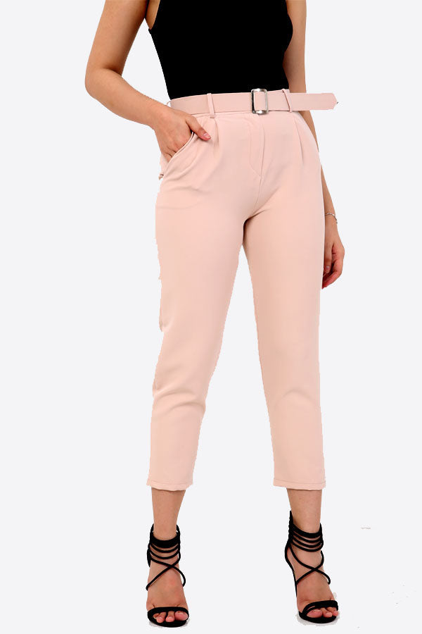 Blush Pink Slim Fit Belted Trousers